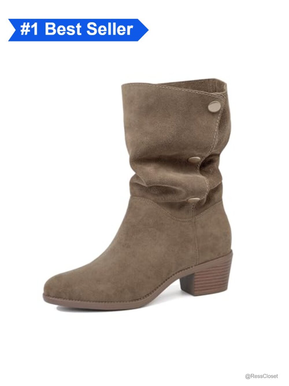 Suede Mid-Calf Boots 3-Way Fold-Over Chunky Heel Pointed Toe